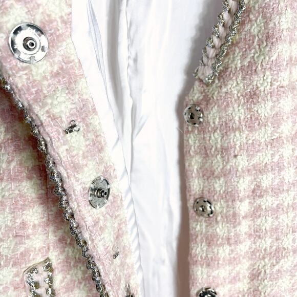 Assignment‎ Bridgette Mini Dress Pink Check Tweed Silver Trim Long Sleeve Sz S - Picture 8 of 14